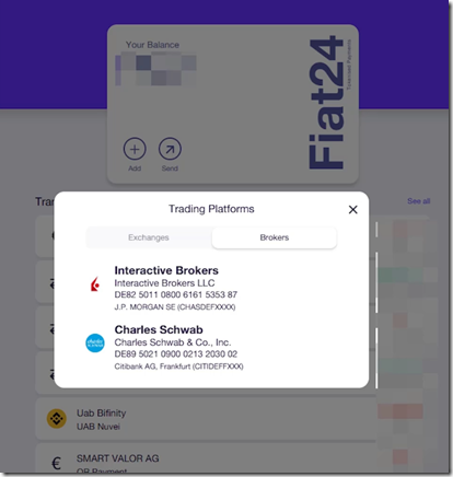 Fiat24可以給嘉信證券和盈透證券入金！